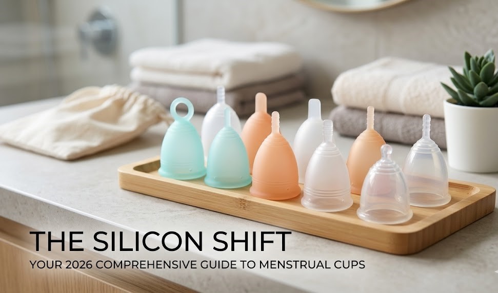 A variety of colorful, flexible silicone menstrual cups displayed on a clean, modern bathroom counter in 2026.