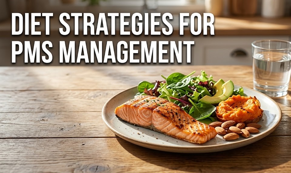 A 2026 nutrition guide showing a bowl of spinach, walnuts, and dark chocolate as functional foods for PMS relief