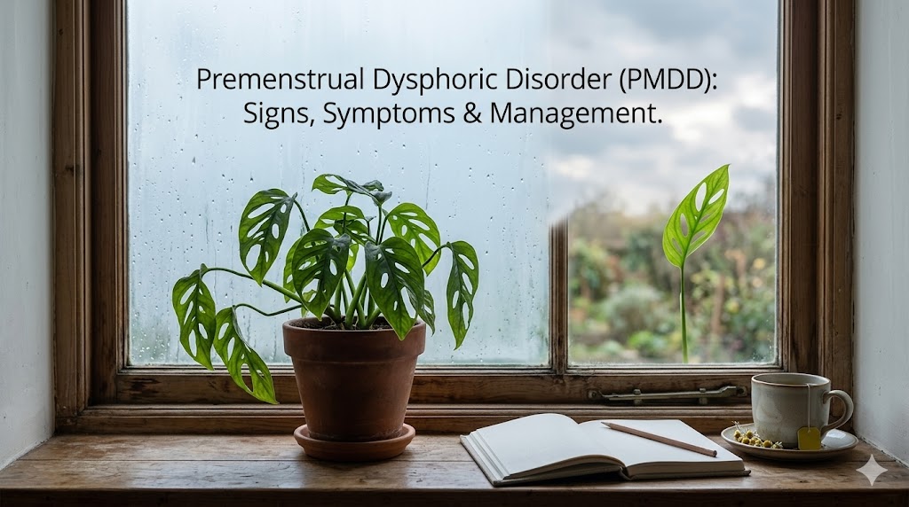 A 2026 digital calendar and wellness tracker on a desk, highlighting the importance of tracking menstrual cycles for PMDD.