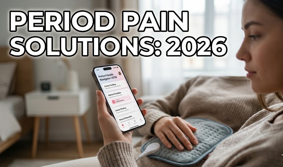 A person using a sleek 2026-style wireless heating pad on their lower abdomen while drinking a cup of ginger tea.