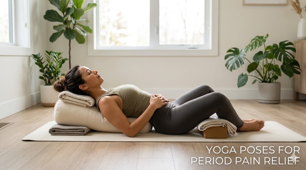 A college student in 2026 practicing a restorative Reclined Bound Angle yoga pose with blankets for support to alleviate period cramps