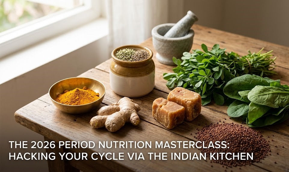 A flat-lay of a traditional Indian meal featuring Ragi roti, Moong dal, spinach, and a side of Amla, illustrating a nourishing period diet in 2026.
