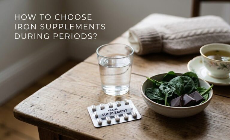 A variety of iron supplement capsules and gummies placed next to fresh spinach and oranges, representing natural iron and Vitamin C sources.