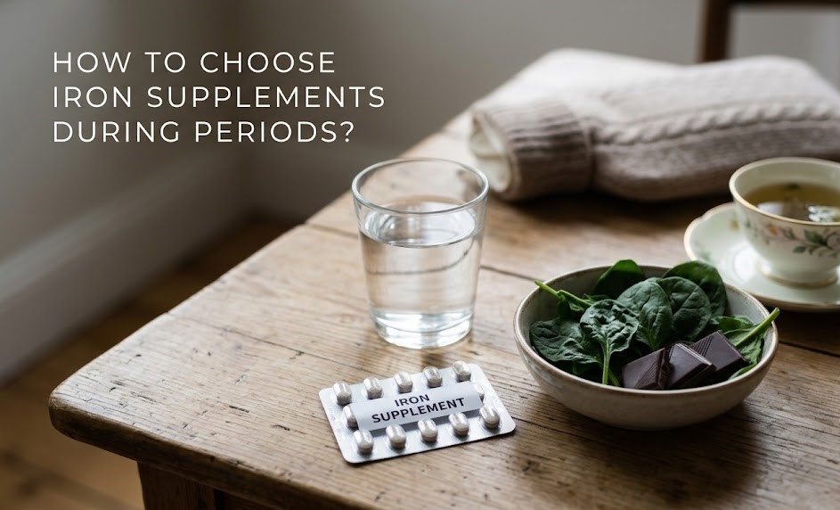 A variety of iron supplement capsules and gummies placed next to fresh spinach and oranges, representing natural iron and Vitamin C sources.