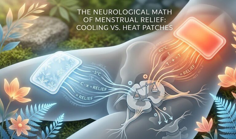 The Neurological Math of Menstrual Relief: Cooling vs. Heat Patches A side-by-side comparison of a herbal cooling menstrual patch and an exothermic heat pad resting on a clear medical diagram of the female pelvis