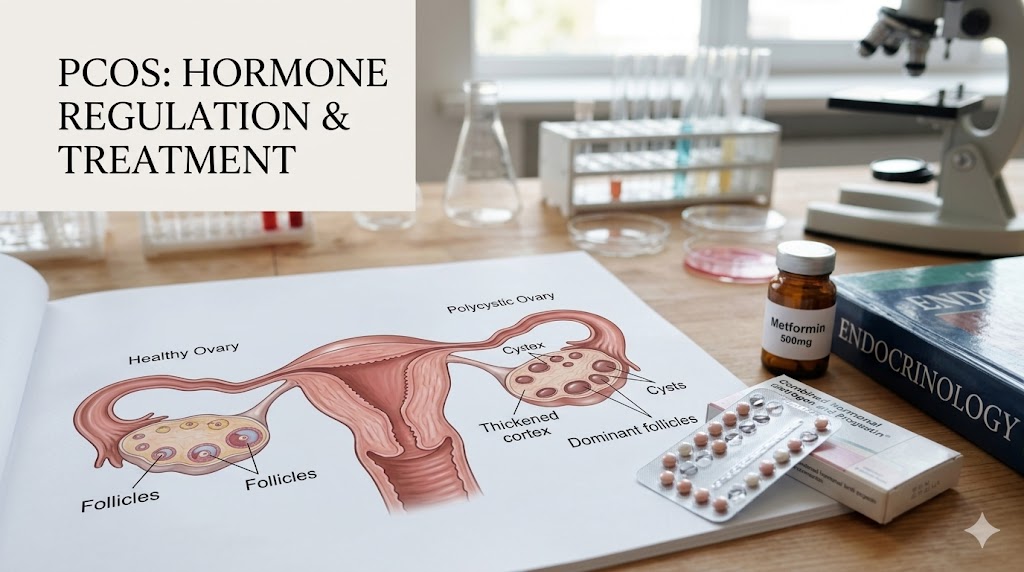 A medical diagram illustrating the female reproductive system juxtaposed with a daily blister pack of combination birth control pills and a molecular model of estrogen.