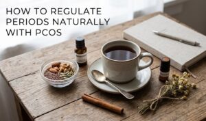 How to Regulate Periods Naturally with PCOS A woman sitting peacefully on a yoga mat, representing natural and healthy lifestyle choices for managing PCOS symptoms.